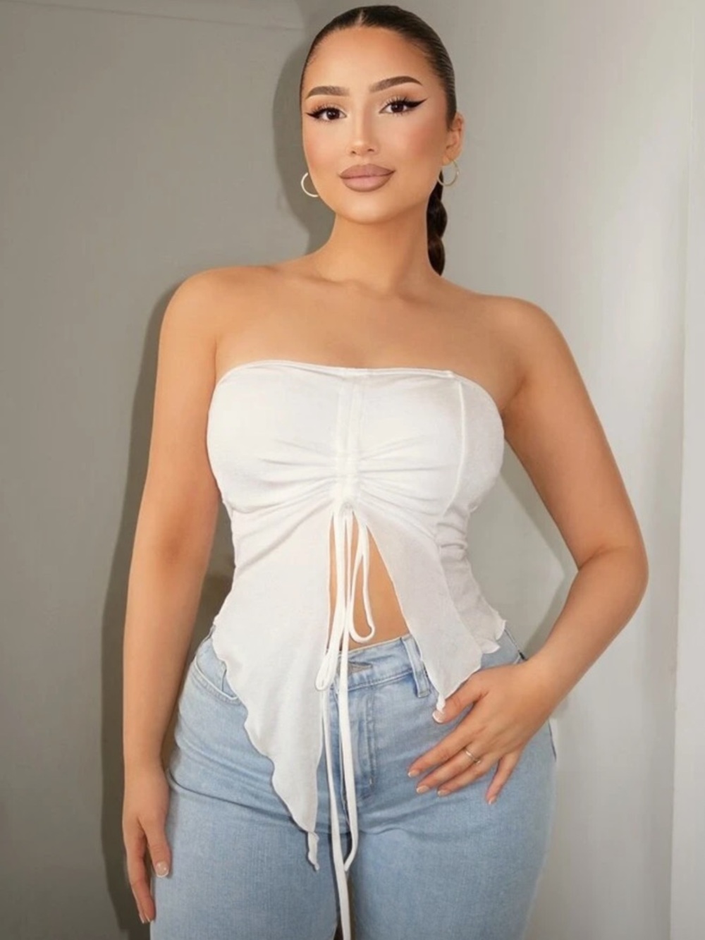 Strapless White Ruched Tie-Front Top